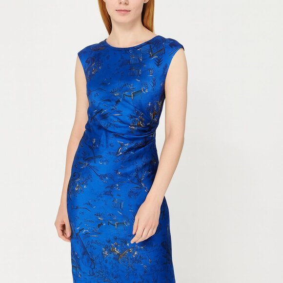 Zara Dresses & Skirts - ZARA Oriental Printed Satin Midi Dress Ruched Shoulder Pads Keyhole Blue Small
